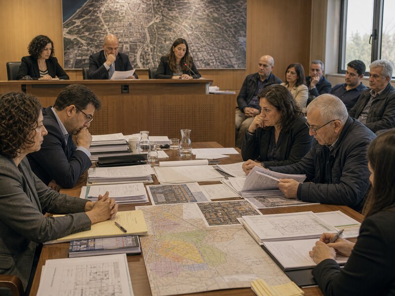 דיון מינהלי סביב שולחן עם מפות קרקע, מסמכים ונציגי קהילה