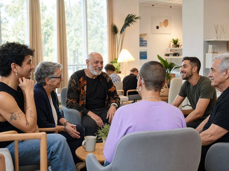 מרכז קהילתי חמים שבו מבוגרים להט״בים בגילים שונים יושבים במעגל שיחה תומך ללא סיסמאות או טקסט קריא.