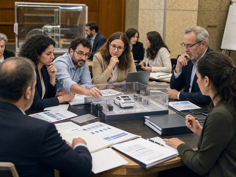 משפטנים, מהנדסים ורגולטורים בוחנים מודל רכב אוטונומי ומסמכי מדיניות אנונימיים בחדר עבודה.