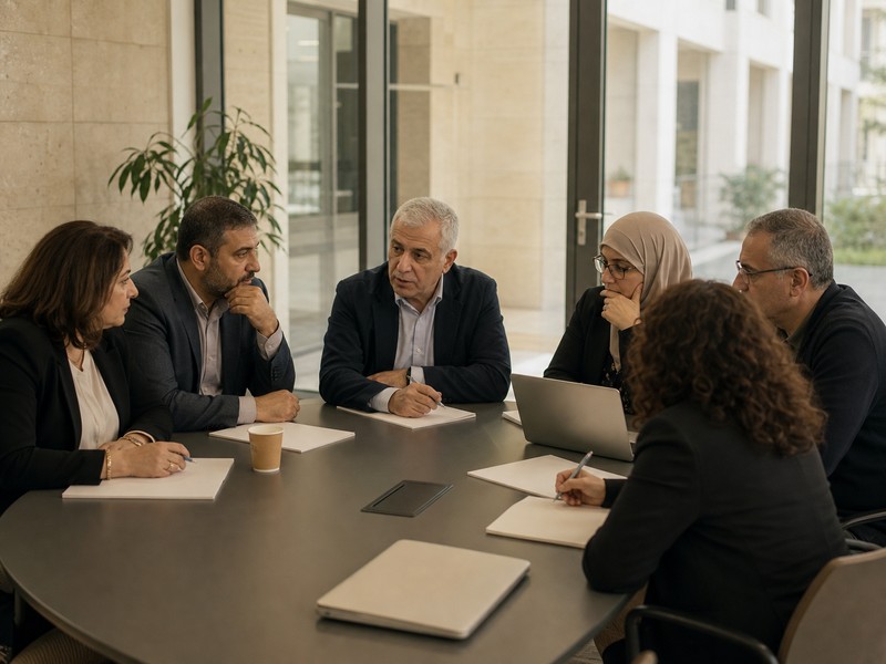 צוות אקדמי יושב בדיון תומך ומתוח בחדר ישיבות בקמפוס בזמן משבר ללא מסכים או טקסט קריא.