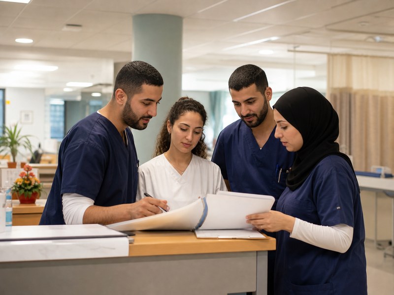 צוות סיעודי מגוון בבית חולים ציבורי כולל אחים ערבים העובדים יחד סביב דפי טיפול ריקים