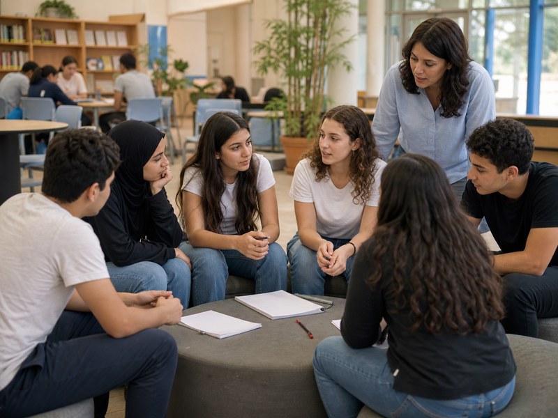 תלמידים יהודים וערבים יושבים לשיחה בכיתה מעורבת כמטפורה לזהות ועמדות בין־קבוצתיות