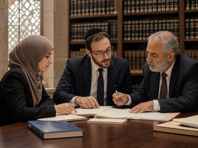 משפטנים יהודים וערבים מעיינים בתיקים ריקים בחדר ייעוץ משפטי עם ספריית משפט וללא טקסט קריא.