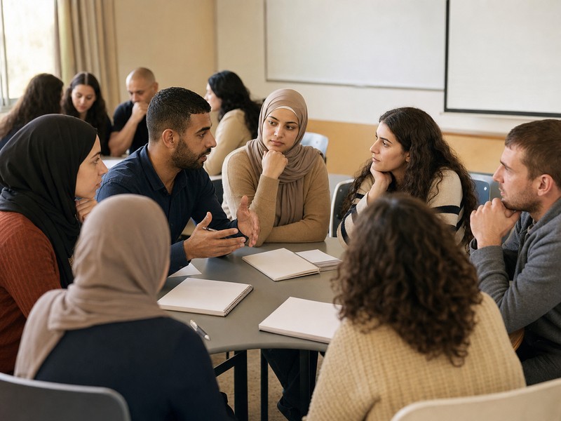 חדר סמינר חינוכי בדרום ישראל עם סטודנטים בדיון קבוצתי בין־תרבותי סביב שולחן וללא טקסט קריא.