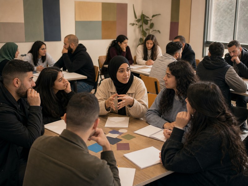 כיתת סמינר חמה שבה תלמידים ומורי־עתיד דנים בכרטיסי לימוד ריקים סביב שפה, זהות והשפעה אזרחית.