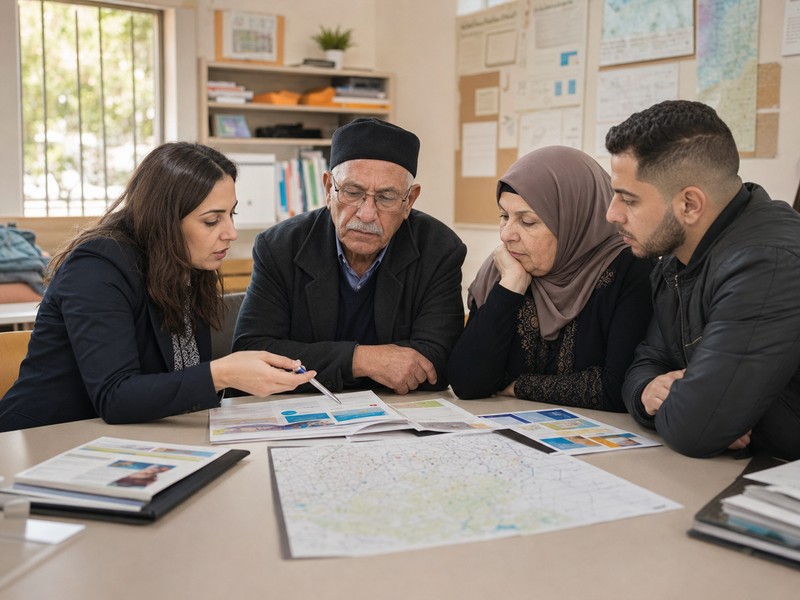 עובדת קהילה ובני משפחה בוחנים חומרי בריאות ורווחה בחדר שירותים קהילתי ללא טקסט קריא.