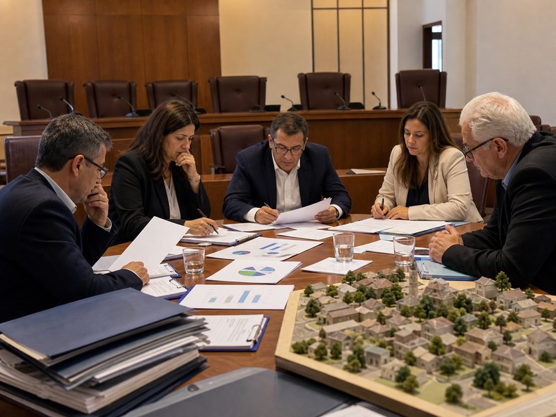 ישיבת עבודה בין אנשי ממשל מקומי ומרכזי עם מפה של שכונות ורשויות.