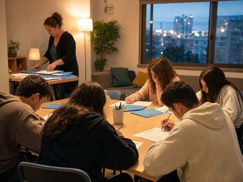 מתבגרים לא מזוהים ממלאים כרטיסי סקר בחדר קהילתי עם יועצת ומסמכי מידע ריקים.