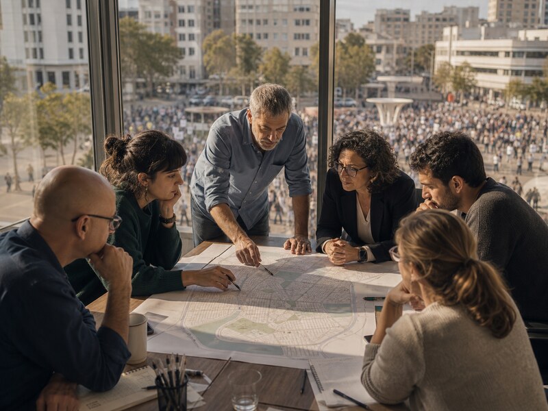 צוות עירוני ופעילים אזרחיים בוחנים תוכנית עיר מול כיכר מחאה