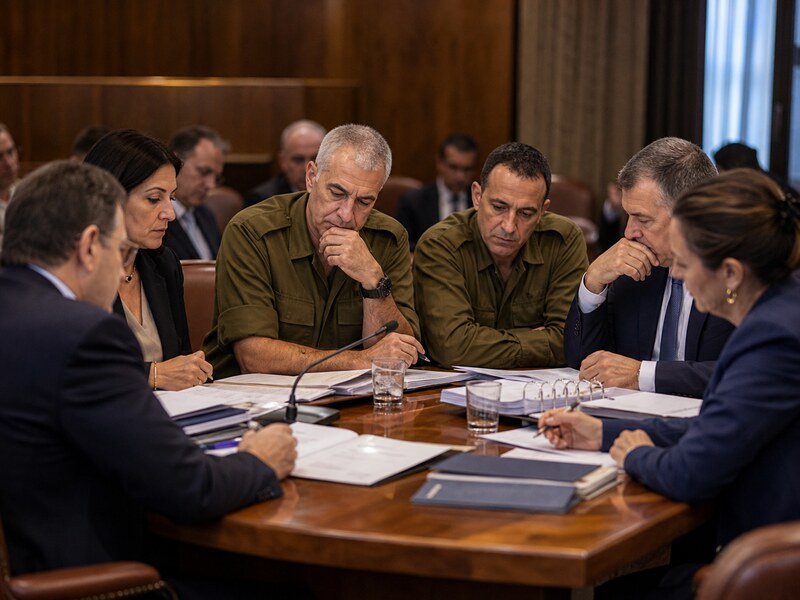 חדר פיקוח פרלמנטרי שבו נציגים אזרחיים וקצינים ללא סמלים מזהים בוחנים מסמכי מדיניות