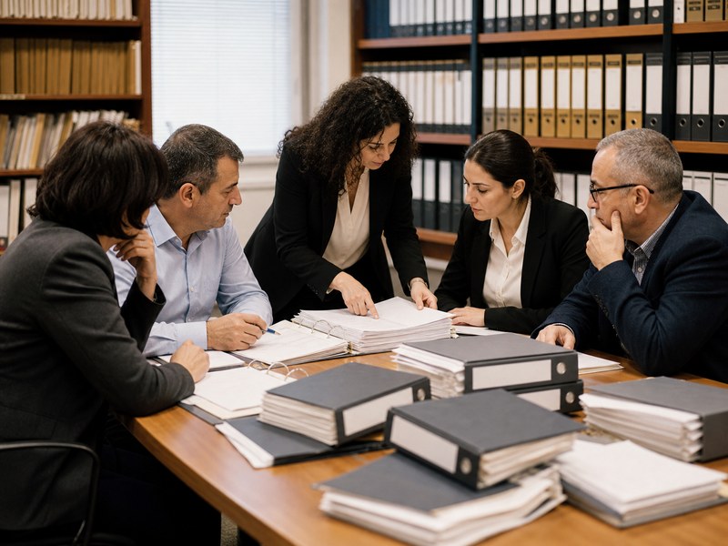 חוקרי דיני עבודה ונציגי עובדים בוחנים קלסרים אנונימיים בחדר משא ומתן, ללא טקסט קריא או לוגואים.