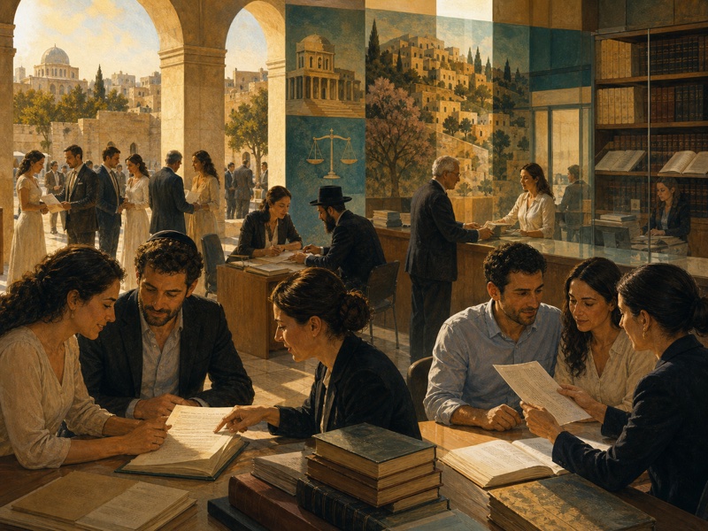 איור עריכתי חם של משרד ציבורי וארכיון חוקתי סביב הסדרת נישואים אזרחיים בישראל