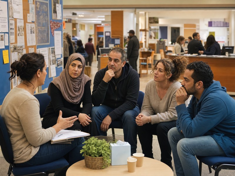 מרכז חוסן קהילתי לאחר מצב חירום עם יהודים וערבים מבוגרים בשיחה שקטה עם יועצת ללא טקסט קריא.