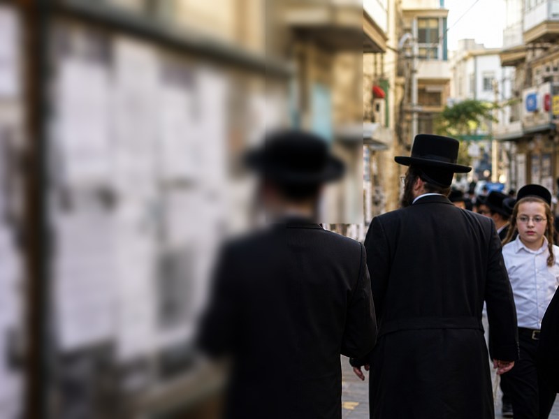 לוח מודעות רחוב בשכונה חרדית עם פוסטרים מטושטשים לחלוטין ועוברים ושבים, ללא טקסט קריא או סמלי מוסד.
