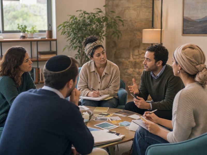 מטפלים בחדר הכשרה מקצועי דנים בכרטיסי מקרה אנונימיים על אמון וכשירות תרבותית.