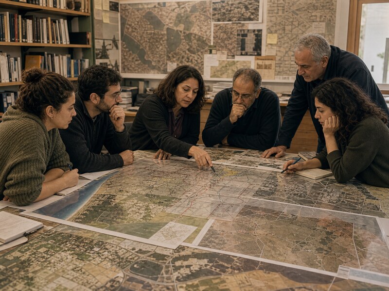 חוקרי זכויות בוחנים שכבות מפה ותצלומי אוויר של מרחבים, דרכים ומשטרי שליטה