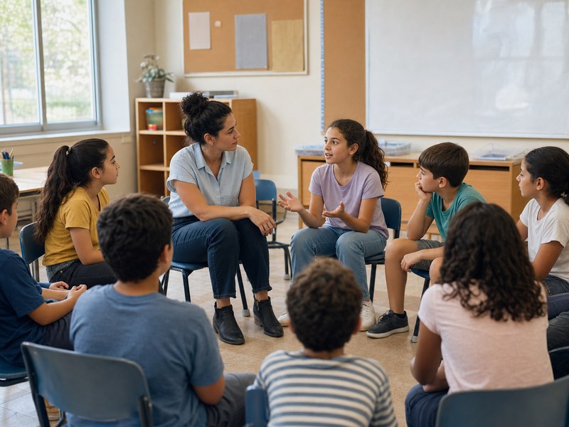מעגל תלמידים ומורות בדיון כיתתי פתוח, עם מחברות ושולחנות מסודרים.