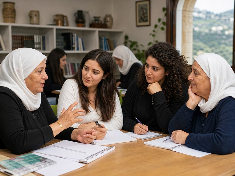 נשים דרוזיות צעירות ומבוגרות יושבות לשיחה על לימודים וקריירה כמטפורה לשינוי מעמדן במאה ה־21