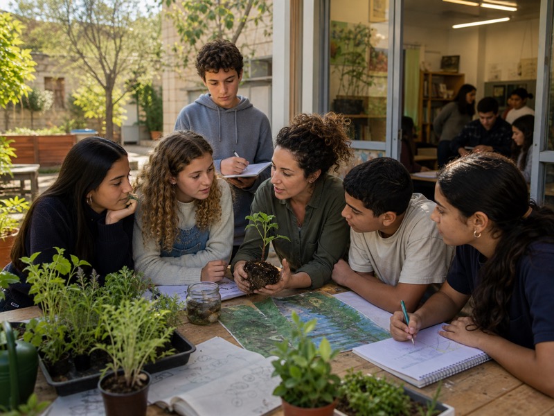 מורים ותלמידים עובדים יחד על פרויקט סביבתי־אזרחי בחצר בית ספר