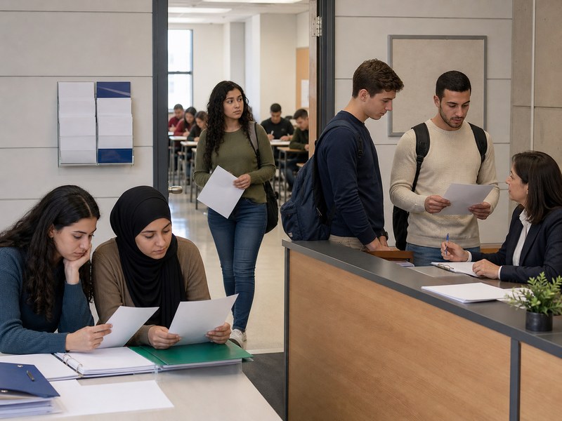 סטודנטים יהודים וערבים ליד דלפק קבלה באוניברסיטה עם טפסים ריקים ודלת כיתה פתוחה.