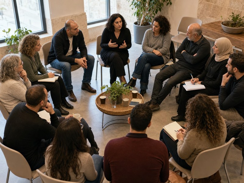 מעגל דיאלוג במרכז קהילתי עם יהודים וערבים מבוגרים יושבים בגובה שווה ומקשיבים ללא טקסט קריא.