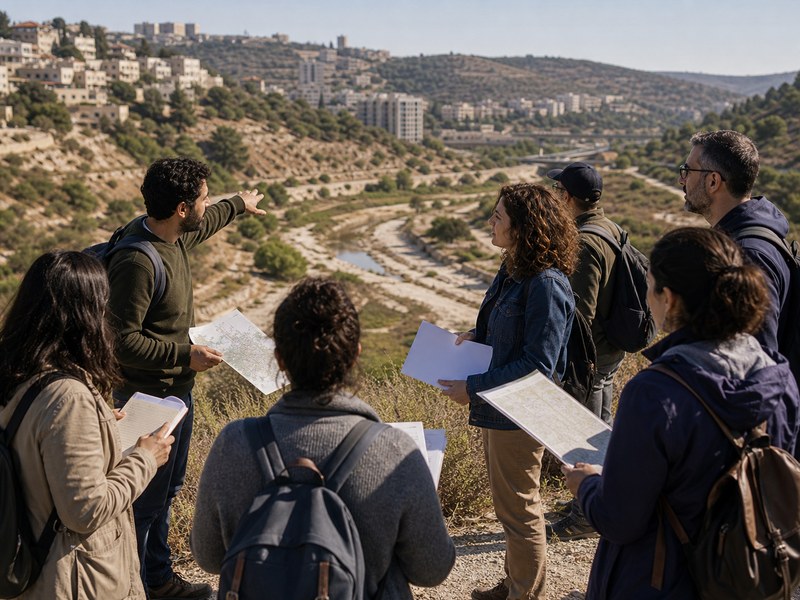 מורים בסדנת גאוגרפיה בוחנים מפות ומשאבי למידה ללא טקסט קריא על סביבה ופוליטיקה.
