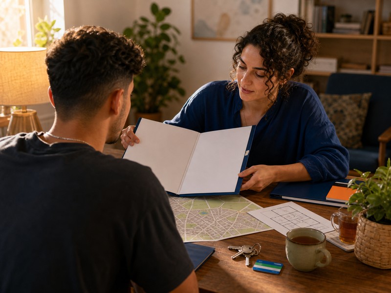 צעיר ומלווה חברתי בוחנים תיק תכנון חיים עם מפת קהילה ומפתחות על שולחן.