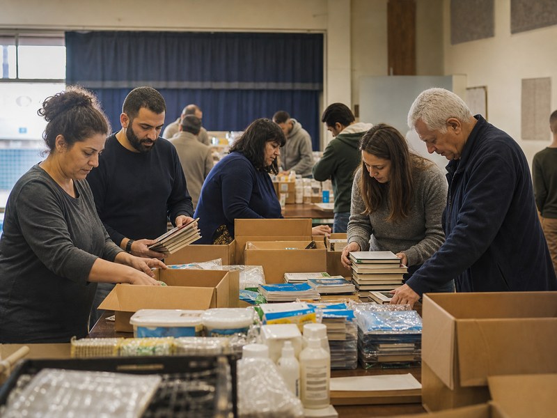מבוגרים בחדר קהילתי מארגנים חומרי לימוד וציוד התנדבות כחלק מדיון על אזרחות ושייכות.