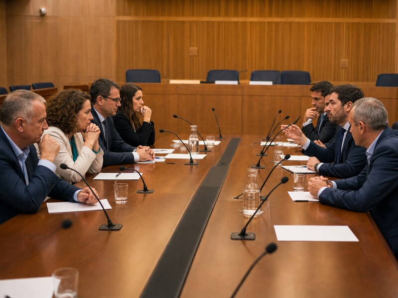 חדר ועדה פרלמנטרי שבו ממשלה ואופוזיציה יושבות סביב שולחן אחד