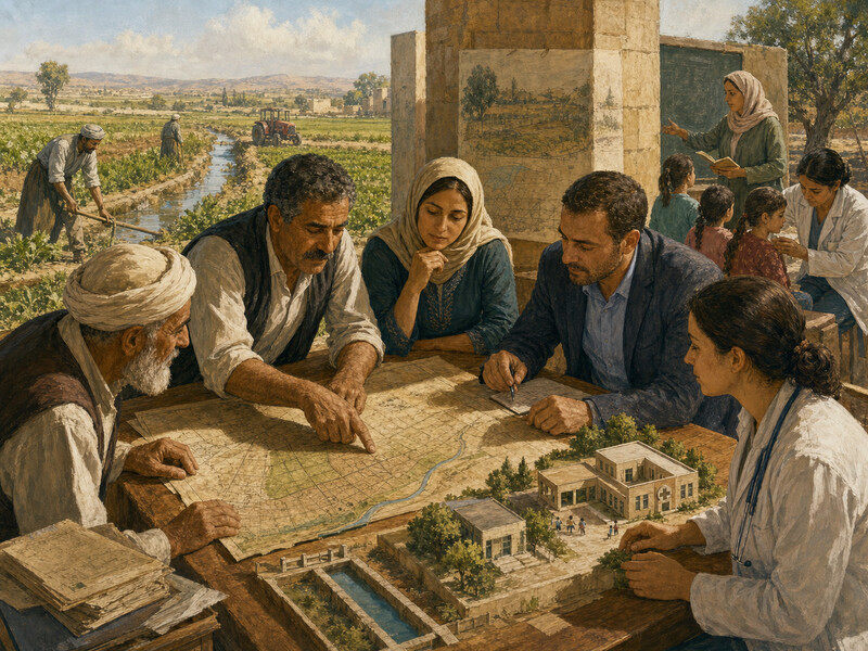 איור עריכתי על מוסדות קרקע, השקעה ציבורית וכפר בהודו