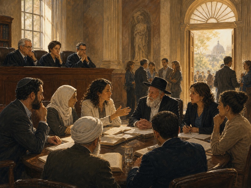 איור עריכתי חם של מוסדות חוקתיים הדנים בקונפליקט בין דת, שוויון וזכויות גוף