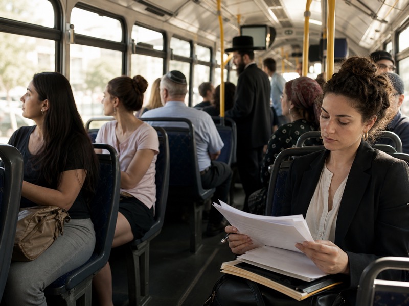 נוסעים ועורכת מדיניות בוחנים מסמכי זכויות בתחבורה ציבורית בישראל