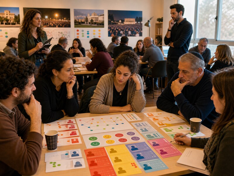 משתתפים וחוקרים בוחנים מחנות אידיאולוגיים בחדר סקר פוליטי