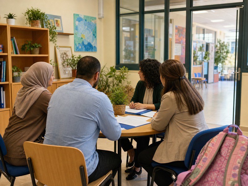 הורים וצוות בית ספר יושבים בחדר ייעוץ ודנים בבטיחות ילדים ובאמון מוסדי.
