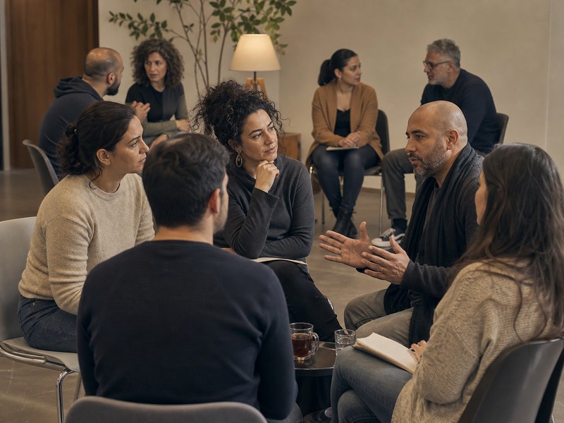 שני מעגלי דיון קהילתיים של יהודים וערבים בחדר ניטרלי משוחחים סביב כיסאות ופנקסים ללא טקסט קריא.