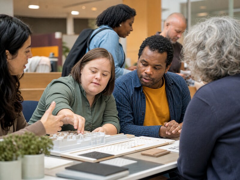 מרכז שירות קהילתי שבו אנשים דנים בהתאמות נגישות שאינן נראות לעין