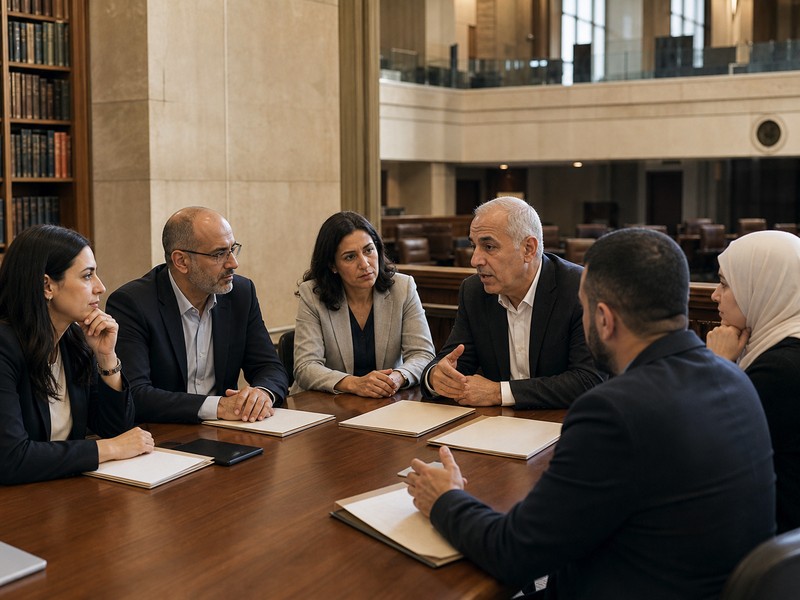 חדר מחקר פרלמנטרי עם חוקרים סביב תיקי תדרוך ריקים ושיחה מוסדית על יחסי רוב ומיעוט.