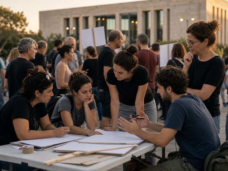 אזרחים מארגנים מחאה סביב שולחן בכיכר עירונית עם שלטים ריקים ומבנה משפטי ברקע.