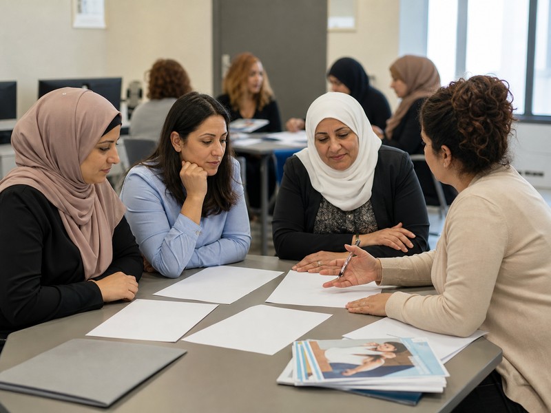 נשים ערביות ויועצת תעסוקה יושבות סביב שולחן במרכז הכשרה עם טפסים ריקים וללא טקסט קריא.