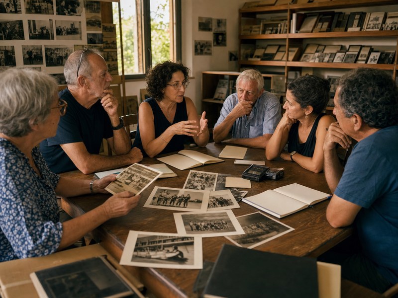 חדר ארכיון קיבוצי עם תצלומים ישנים, מחברות ריקות ושיחה סביב שולחן על זיכרונות שפה והגירה.