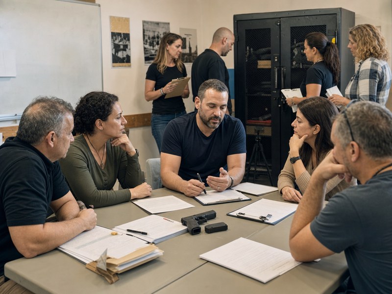 חדר הכשרה קהילתי לבטיחות אזרחית עם מבוגרים, טפסים ריקים וארון נעול ברקע, באווירה זהירה ולא מיליטריסטית.