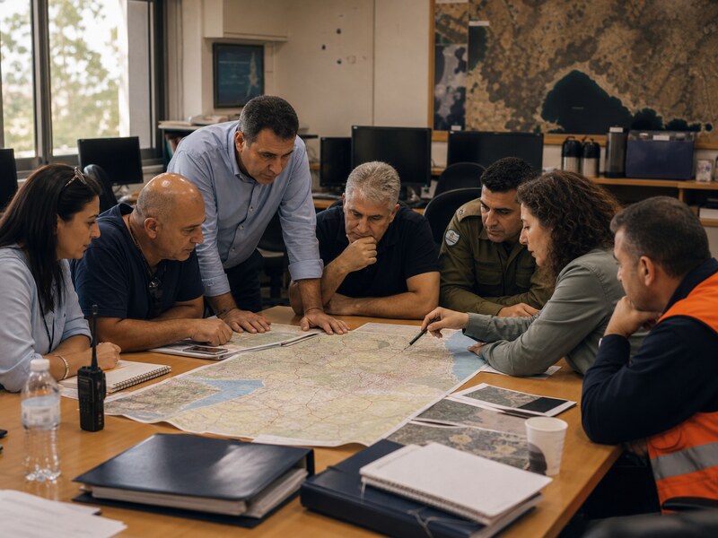פקידים מקומיים בוחנים מפה אזורית בחדר תכנון של שלטון מקומי