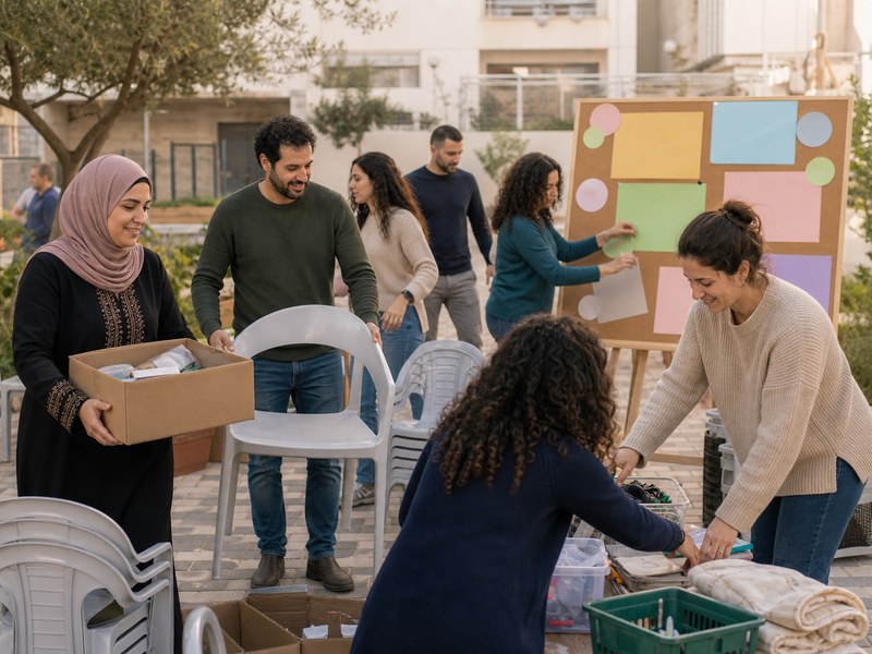 צוות חברה אזרחית מגוון מתכנן פעילות קהילתית סביב מפות שירותים ופתקיות ללא טקסט קריא.
