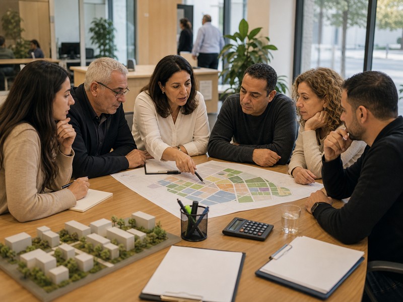חדר ייעוץ עירוני עם תושבים ומתכנן סביב מפת שכונה מופשטת, טפסים ריקים ומחשבון ללא טקסט קריא.