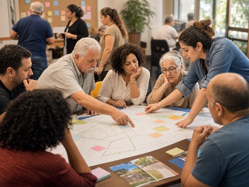 קבוצת תושבים מתכננת פעילות קהילתית סביב מפה שכונתית וחומרי הסברה.