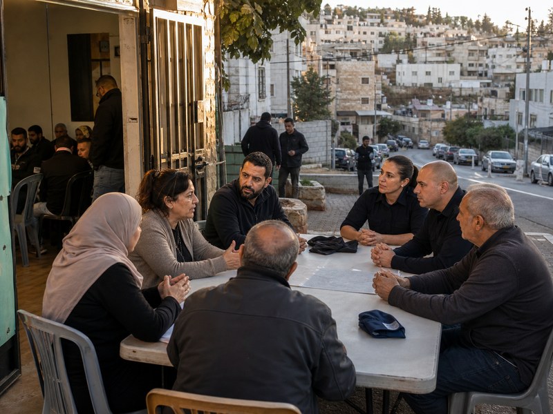 תושבים יהודים וערבים משוחחים עם שוטרים ליד שולחן קהילתי ברחוב עירוני ללא סמלים או טקסט קריא.
