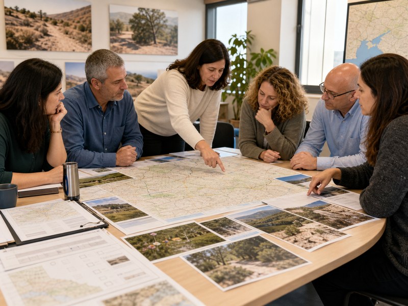 אנשי חינוך וקובעי מדיניות בוחנים מפות וחומרי טיול סביב שולחן עבודה, ללא טקסט קריא או סמלי מוסד.