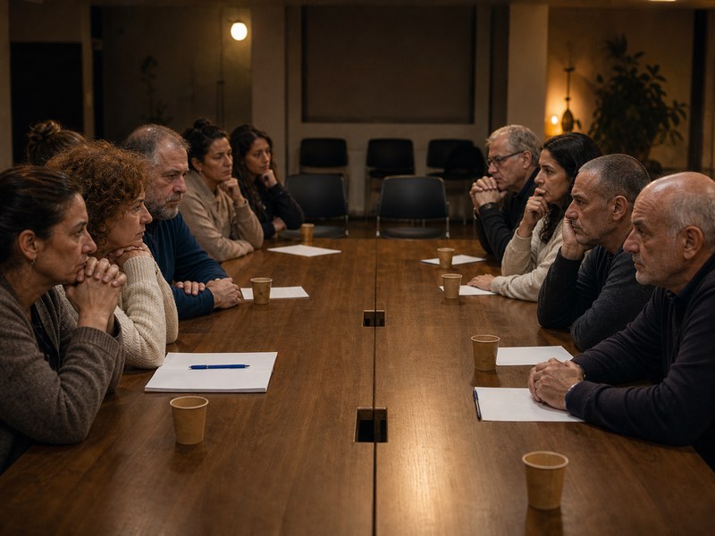 שתי קבוצות אזרחים יושבות סביב שולחן ארוך בחדר קהילתי עם מרווח ריק ביניהן.