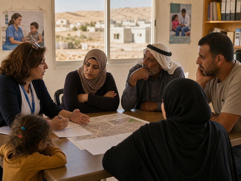 מרכז שירותים ציבוריים ביישוב בדואי בנגב שבו תושבים וצוות ציבורי דנים בשירותי חינוך ובריאות