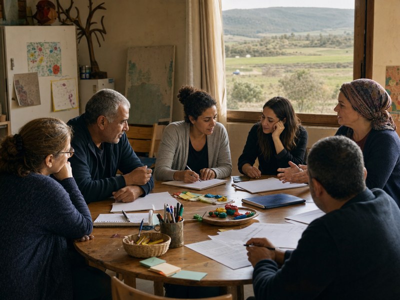 תושבים בחדר קהילתי כפרי דנים ביוזמות התנדבות סביב שולחן עם מחברות וחומרים לילדים.